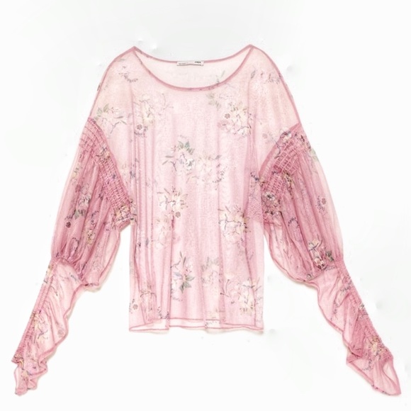 Zara printed floral sheer romantic love sleeve top - Picture 6 of 16
